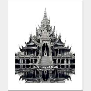 Thailand: Sanctuary of Truth, Pattaya, Thailand on a light (knocked out) background Posters and Art